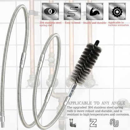 50 in Pipe Cleaning Brush Set with Stainless Steel Bristles, Wire Brush with 4pcs Stainless Steel Spring Flexible Rods, Stainless Steel Pipe Brush 8pcs for Auto Parts, Bottles, Tubes.