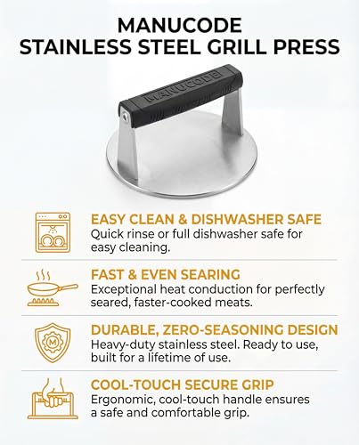 Stainless Steel Burger Smasher 2.70 LB – 7 Inch Steak Weight for Smash Burgers, Bacon, Sandwiches | Dishwasher Safe, Preheatable Protein Press with Silicone Handle | Commercial BBQ Tool - size: Φ7"