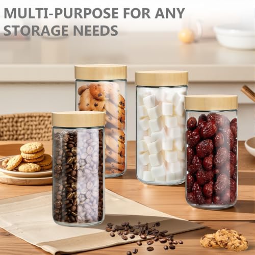 TBWIND 4 Pack 24oz Glass Jars with Bamboo Lids, Spoons, Airtight Overnight Oats Containers, Wide Mouth Mason Jars, Food Storage Container for Yogurt Salad Snacks Spice Sugar Meal Prep – Reusable - color: 24oz-Natural Lids-4 Spoon