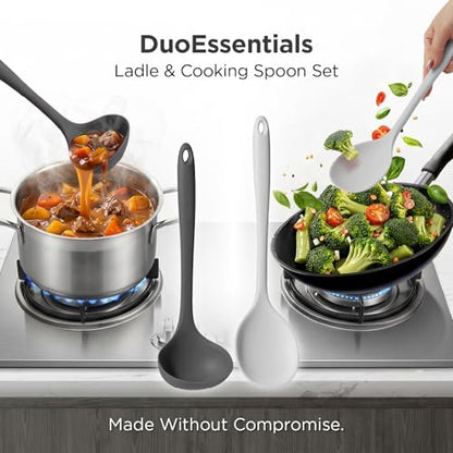 Kitchen Mama DuoEssentials Ladle & Cooking Spoon Set, Metal Gray | Silicone, Heat Resistant, One-Piece Design, For Nonstick Cookware, For Soup, Stirring, Serving & Sauteing - color: Metal Gray