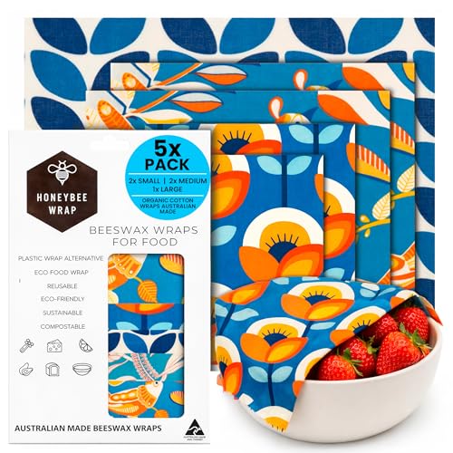 Honeybee Reusable Beeswax Wraps for Food | 5 Pack | Handmade in Australia | Eco Friendly, Organic, Biodegradable, Bee's Wrap for Bowl Covers and Food Storage | Reusable Cling Wrap - color: 5 Pack Original