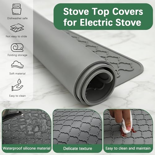 Stove Top Cover for Electric Stove - Food Grade Ceramic Stove top Cover, Silicone XXL Dish Drying Mat, Glass Cooktop Covers, Flat RV Range top Mats (Grey, 27.5"X20") - color: Gray, size: 27.5" x 20"