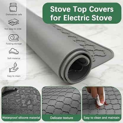 Stove Top Cover for Electric Stove - Food Grade Ceramic Stove top Cover, Silicone XXL Dish Drying Mat, Glass Cooktop Covers, Flat RV Range top Mats (Grey, 27.5"X20") - color: Gray, size: 27.5" x 20"