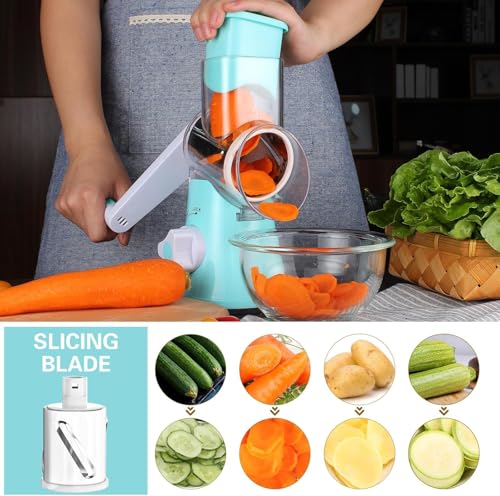 Cambom Rotary Cheese Grater Hand Crank Cheese Shredder for Fresh Cheese, Vegetable, Nuts,Non-slip Suction Base，Three Blades,Blue - color: Blue, size: 3 BLADES