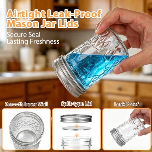 24 Pack 8oz Mason Jars with Airtight Lids, Diamond Pattern | Glass Canning Jars for Overnight Oats, Food Storage, Dry Food, Snacks Meal Prep, Pickling, Fermenting, Smoothies, Salad - color: Diamond-8oz-24