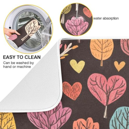 Heart Trees Leaves Dish Drying Mat for Kitchen Counter Super Absorbent Draining Mat with Non-slip Backed Sink Tray Mat for Draining Racks Countertops Sinks Dish Bottles Cups Bowl
