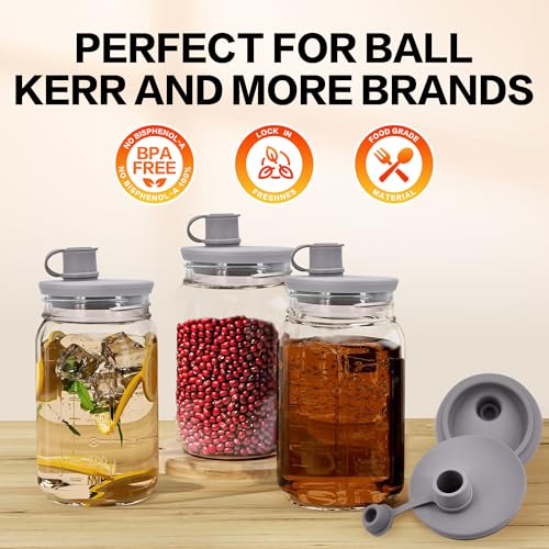 Wide Mouth Mason Jar Pour Spout Lid - Leak-Proof, Dishwasher Safe,Silicone,Reusable Cover for Oils, Juices, Milk and Dry Goods - color: Light Gray-3Pack