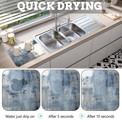MCALK Blue Dish Drying Mat for Kitchen Counter, Grey Dish Drying Pad with Anti-Slip Rubber Base, Absorbent Kitchen Sink Mat with Abstract Art Decor (1 pc 18" x 16")