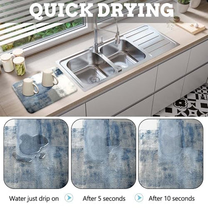 MCALK Blue Dish Drying Mat for Kitchen Counter, Grey Dish Drying Pad with Anti-Slip Rubber Base, Absorbent Kitchen Sink Mat with Abstract Art Decor (1 pc 18" x 16")