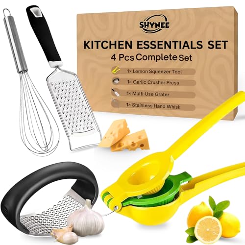 4PCs Kitchen Essentials Set – Premium Quality Lemon Squeezer, Garlic Press, Stainless Steel Whisk, Multi-Use Grater, Cheese Grater – Durable, Easy to Clean Cooking Tools Set for Everyday Meal Prep