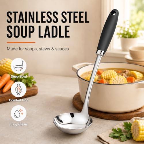 Stainless Steel Soup Ladle, 12 Inch Metal Ladle Spoon with Ergonomic Handle for Soup, Stew, Sauce, Chili, Gravy and Serving, Dishwasher Safe - color: B-Silver Ladle