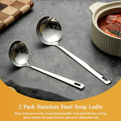 Kyraton 2 Piece Soup Ladle Set, 11.8" Large & 9.6" Small Stainless Steel Ladles, One-Piece Ergonomic Cooking Spoons, Dishwasher Safe Heavy Duty Serving Utensils for Home Kitchen Soup Sauce Noodle