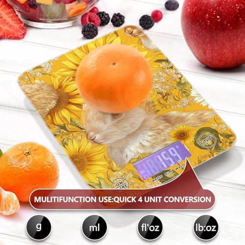 Yellow Sunflowers Bunny Food Scale Kitchen Digital Scale Food Ounces and Grams Dieting Baking Cooking Waterproof Glass Panels LCD Display,4 Units Tare Function - color: Yellow Rabbit Sunflower