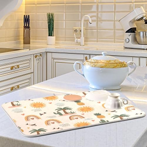 Tropical Sun Palm Tree Dish Drying Mat for Kitchen Counter Super Absorbent Draining Mat with Non-slip Backed Sink Tray Mat for Dish Bottles Cups Bowl Sinks Countertops Draining Racks