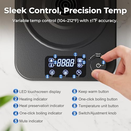 Gooseneck Electric Kettle, ±1°F Temperature Control Electric Kettle, 1.0L 1200W Fast Heating, 24H Keep Warm, 30Min Auto Memory, Food Grade Stainless Steel, Pour Over Kettle for Coffee and Tea