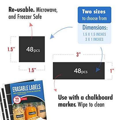 MESS Reusable Chalkboard Labels for Food Containers, 96-Pack (1x3 & 1.5") - Erasable Dry Erase Stickers - Removable Kitchen Labels for Fridge, Freezer & Organizing - size: 1x3" & 1.5", style: Chalkboard