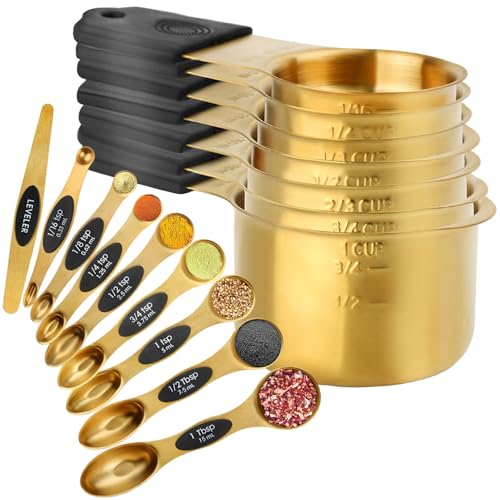 Gold Magnetic Measuring Cups & Spoons Set of 16, 7 Stainless Steel Measuring Cups, 8 Double-Sided Measuring Spoons & 1 Leveler, Premium Finish Baking Tools Kitchen Gadget for Dry & Liquid Ingredients - color: Gold