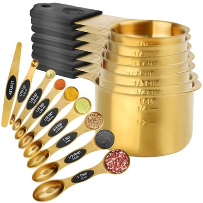 Gold Magnetic Measuring Cups & Spoons Set of 16, 7 Stainless Steel Measuring Cups, 8 Double-Sided Measuring Spoons & 1 Leveler, Premium Finish Baking Tools Kitchen Gadget for Dry & Liquid Ingredients - color: Gold