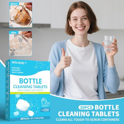 Bottle Bright Cleaning Tablets and Long Handle Brush,30PC | for Thermos, Coffee Pot, Glass, Tumbler, Stainless Steel, also can clean dentures.Dissolve with Hot Water,30PC