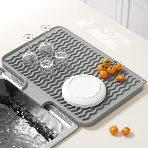 Rnivvi Silicone Dish Drying Mat for Kitchen Counter, 16 x 12" Fast Drainage Dish Rack Pad Drying Mats, Non-Slip Countertop Protector Heat Resistant Trivet, Easy to Clean Sink Drip Pad for Dishes, Gray - color: Gray