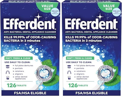 Efferdent Retainer Cleaning Tablets, Denture Cleaning Tablets for Dental Appliances, Minty Fresh & Clean, 126 Count (Pack of 2) - size: 126 Count (Pack of 2)