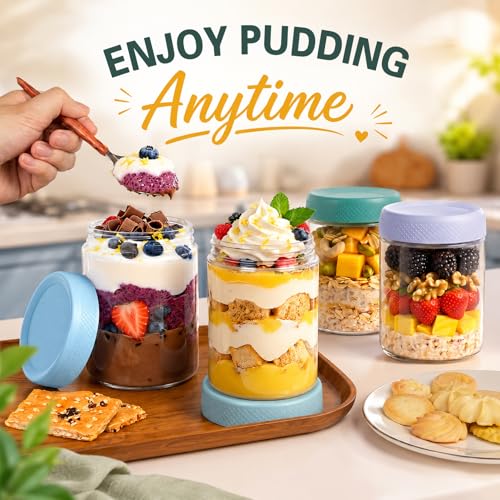 6 Pack Overnight Oats Containers with Lids, Mason Jars 16 oz with Lids, Yogurt Containers for Meal, Wide Mouth Glass Storage Jars for Pudding, Snack, Prep, Oatmeal, Sugar, Food, Chia, Seed - color: Mint Breeze