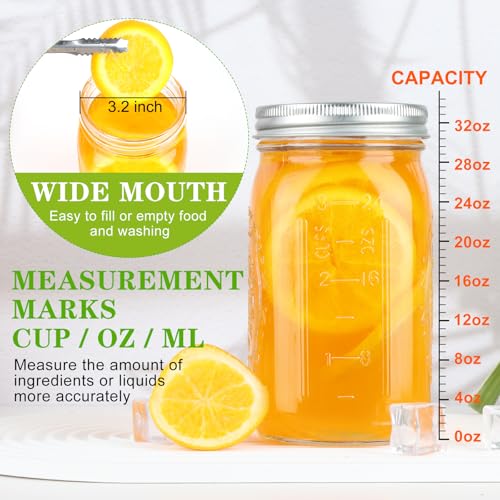 Wide Mouth Mason Jars 32 oz, 6 Pack Quart Canning Jars with Airtight Lids and Bands, Clear Glass Mason Jars for Canning, Pickling, Preserving, Meal Prep - size: 32oz - 6 Pack