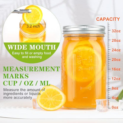 Wide Mouth Mason Jars 32 oz, 6 Pack Quart Canning Jars with Airtight Lids and Bands, Clear Glass Mason Jars for Canning, Pickling, Preserving, Meal Prep - size: 32oz - 6 Pack