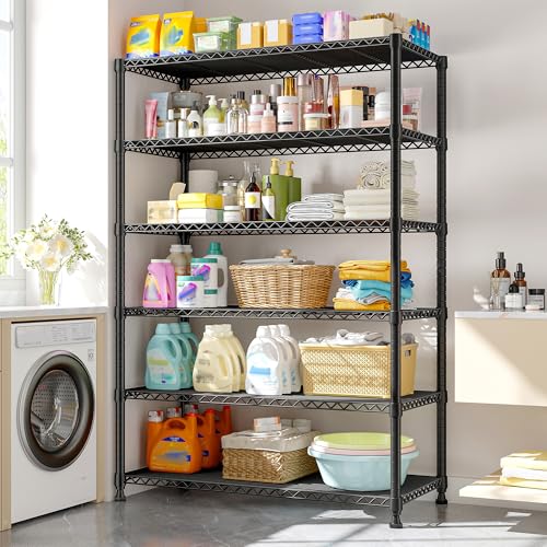 REIBII 75" H Metal Shelving 6 Tier Storage Shelf Adjustable Kitchen Shelf Wire Shelving Unit Detachable Storage Rack for Kitchen Laundry Living Room Commercial Heavy Duty Metal Shelf 75" X35" X14" - size: 【6 Tier】75"H X 35"W X 14"D