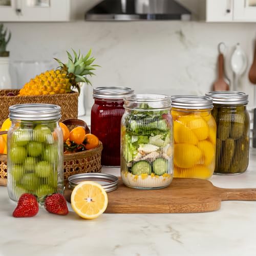 WELLIFE 6 Pcs Wide Mouth Mason Jars 32 OZ,Large Mason Jars for Food Storage, Overnight Oats,Honey,Sauces,Meal Prep,Salad,Yogurt - color: Clear Stripe Mason Jars 32oz-6Pcs