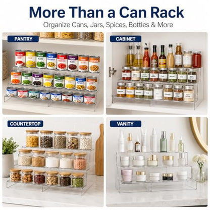 Expandable Can Rack Organizer for Pantry:3-Tier Clear Acrylic Canned Food Storage Holder, Adjustable Pantry Shelf for Kitchen Cabinet & Countertop, Holds Up to 24 Cans