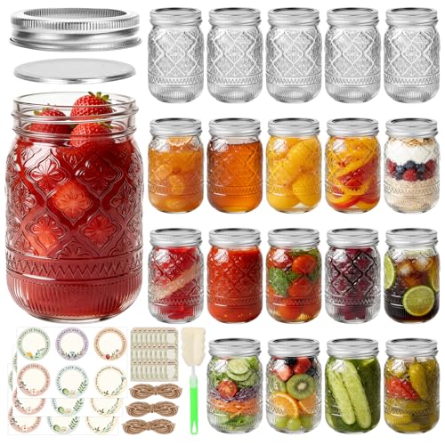 12 oz Embossed Mason Jars 20 Pack, Regular Mouth Glass Canning Jars with Airtight Split Lids, for Jams, Honey, Pickling, Fermenting, Meal Prep, Spices, Food Storage, Wedding Favors & DIY Projects - color: Clear04-12oz
