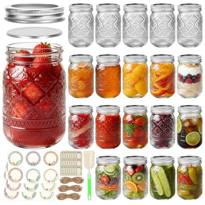 STARSIDE 12oz Glass Embossed Mason Jars 20-Pack with Airtight Split Lids | Regular Mouth Canning Jars for Jams, Honey, Pickling, Fermenting, Meal Prep, Spices, Food Storage, Favors & DIY Projects - color: Clear04-12oz