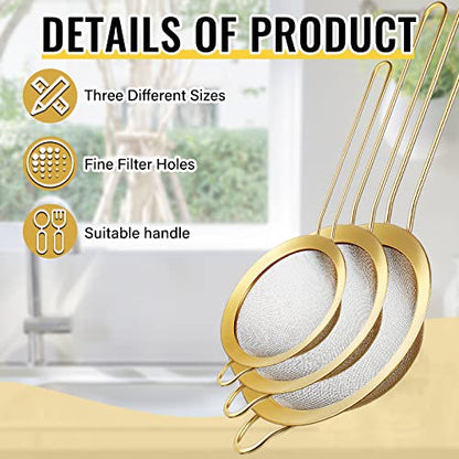 Norme 5 Quart Stainless Steel Gold Colander and 3 Pcs Gold Fine Mesh Strainer, Stainless Steel Pasta Rice Food Metal Strainer with Handles, Easy Clean and Dishwasher Safe - color: Gold, size: 5 Quart