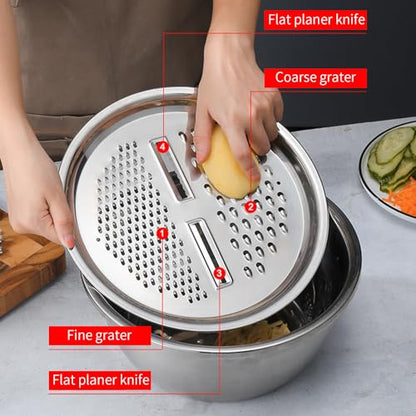 Germany Multifunctional Stainless Steel Basin, 3 in 1 Multifunctional Stainless Steel Basin Strainer Set, Kitchen Grater Set, Strainer and Drain Basket for Vegetables 11.02inch - color: 11.02inch