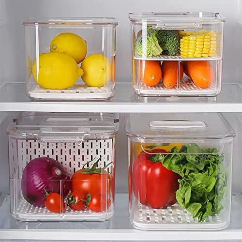 SANNO Fridge Produce Saver Stackable Refrigerator Organizer Keeper with Lids and Removable Drain Tray for Veggie, Berry, Fruits and Vegetables,Pack of 2 - size: 12.4” x 6.4”x 5.7"+9.2"x5.8"x4.8"