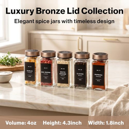 EDELHAUS Glass Spice Jars with Label, 24x Champagne Bronze Steel Lids | Airtight lids keep spices fresh; use as a spice organizer, seasoning containers or 4 oz jar set; funnel, brush & 240 labels - color: Champagne Bronze Stainless Steel Lid