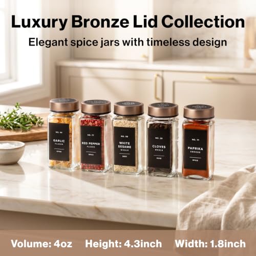 EDELHAUS Glass Spice Jars with Label, 24x Champagne Bronze Steel Lids | Airtight Lids keep spices fresh, Kitchen Spice Drawer Organizer, 4oz Seasoning Containers incl. Funnel, Brush & 240 Labels - color: Champagne Bronze Stainless Steel Lid