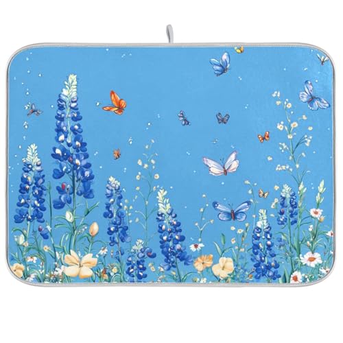 Bluebonnet Birds and Butterflies Dish Drying Mat for Kitchen Counter Kitchen Drying Mat Dish Rack Mat Dish Drainer Pad Microfiber Absorbent Washable Drying Pad for Countertop 16 x 18 - color: Bluebonnet Birds and Butterflies, size: 18'' x 24''