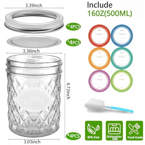 16 oz Wide Mouth Mason Jars with Lids, 4 Pack Food Grade Glass Canning Jars, BPA Free Airtight Reusable Dishwasher Safe for Food Storage, Canning, Pickling, Jam, Honey & DIY Decor - size: 16 oz