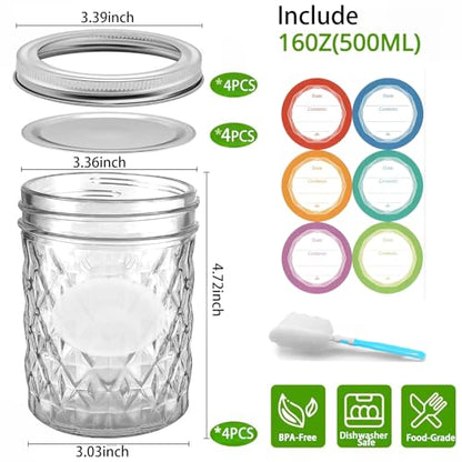 16 oz Wide Mouth Mason Jars with Lids, 4 Pack Food Grade Glass Canning Jars, BPA Free Airtight Reusable Dishwasher Safe for Food Storage, Canning, Pickling, Jam, Honey & DIY Decor - size: 16 oz