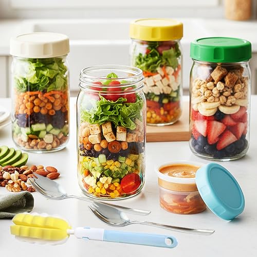 Glass Salad Jars 32oz 4-Pack with Dressing Cup | Leakproof, wet/dry separation, airtight mason jars, meal prep containers, portable lunch container, office travel