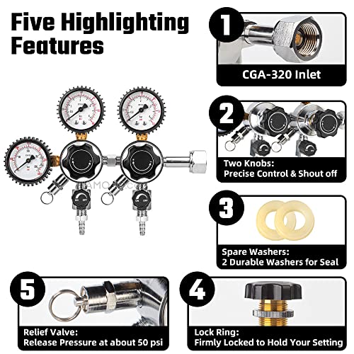 TMCRAFT Keg CO2 Regulator, Triple Gauge CGA-320 Pressure Regulator with 0-60 PSI Working Pressure & 0-3000 PSI Tank Pressure, Kegerator Regulator with Safety Pressure Relief Valve