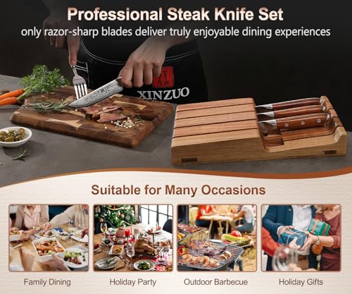XINZUO 5Pcs Steak Knives Set, Non Serrated Dinner Knives with Drawer Knife Holder,67-layer Damascus Steel Kitchen Knife with Rose Wood Handle, Acacia Wood Knife Block - size: 4.9"