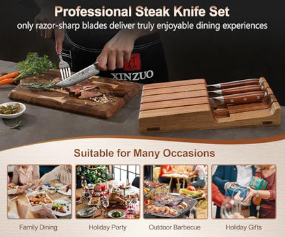 XINZUO 5Pcs Steak Knives Set, Non Serrated Dinner Knives with Drawer Knife Holder,67-layer Damascus Steel Kitchen Knife with Rose Wood Handle, Acacia Wood Knife Block - size: 4.9"
