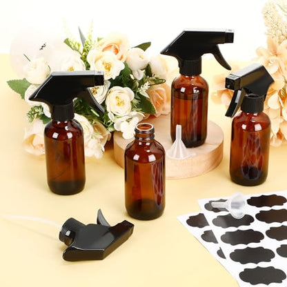 Fumete 20 Pcs 4 oz Glass Spray Bottles Empty Refillable Sprayer Containers with Funnels Labels Black Trigger Sprayers Spray Bottles for Essential Oil DIY Kitchen Hair Plants(Amber) - color: Amber