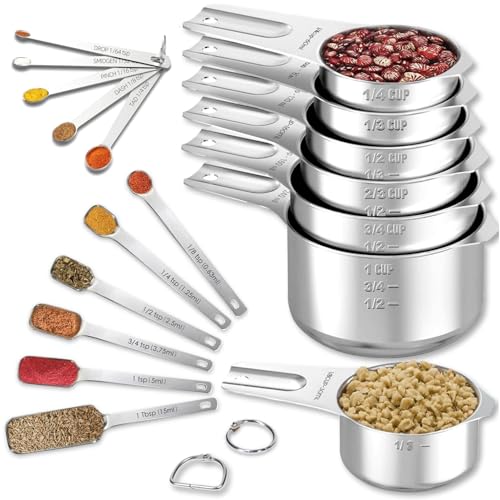 18PCS Measuring Cups and Spoons Set, Includes 7 Stainless Steel Nesting Cups, 6 Rectangular & 5 Mini Measuring Spoons Fits Narrow Jars, Kitchen Gadgets for Cooking & Baking - size: Set of 18