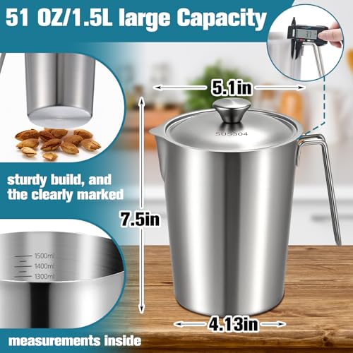 2 Pcs 1.5 L/51 oz Large Stainless Steel Pitcher with Lid, Metal Measuring Cup, Large Mouth Graduated Beakers with Handle, Milk Frothing Jug for Espresso Machine, Latte Art, Hot/cold Water - size: 1.5 L/51 oz