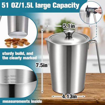 2 Pcs 1.5 L/51 oz Large Stainless Steel Pitcher with Lid, Metal Measuring Cup, Large Mouth Graduated Beakers with Handle, Milk Frothing Jug for Espresso Machine, Latte Art, Hot/cold Water - size: 1.5 L/51 oz