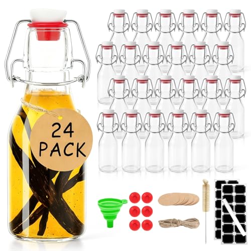 Ruckae 24 Pack 4oz Swing Top Glass Bottles with Lids Kombucha Coquito Flip Top Glass Bottle for Syrup Vanilla Extract Brew Beer Kefir Air Tight Bottles for Gift (4 oz 24 pack) - size: 4 oz 24 pack